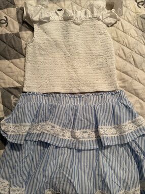 wild fable White Smocked Off-Shoulder Top with Blue Striped Ruffle Skirt